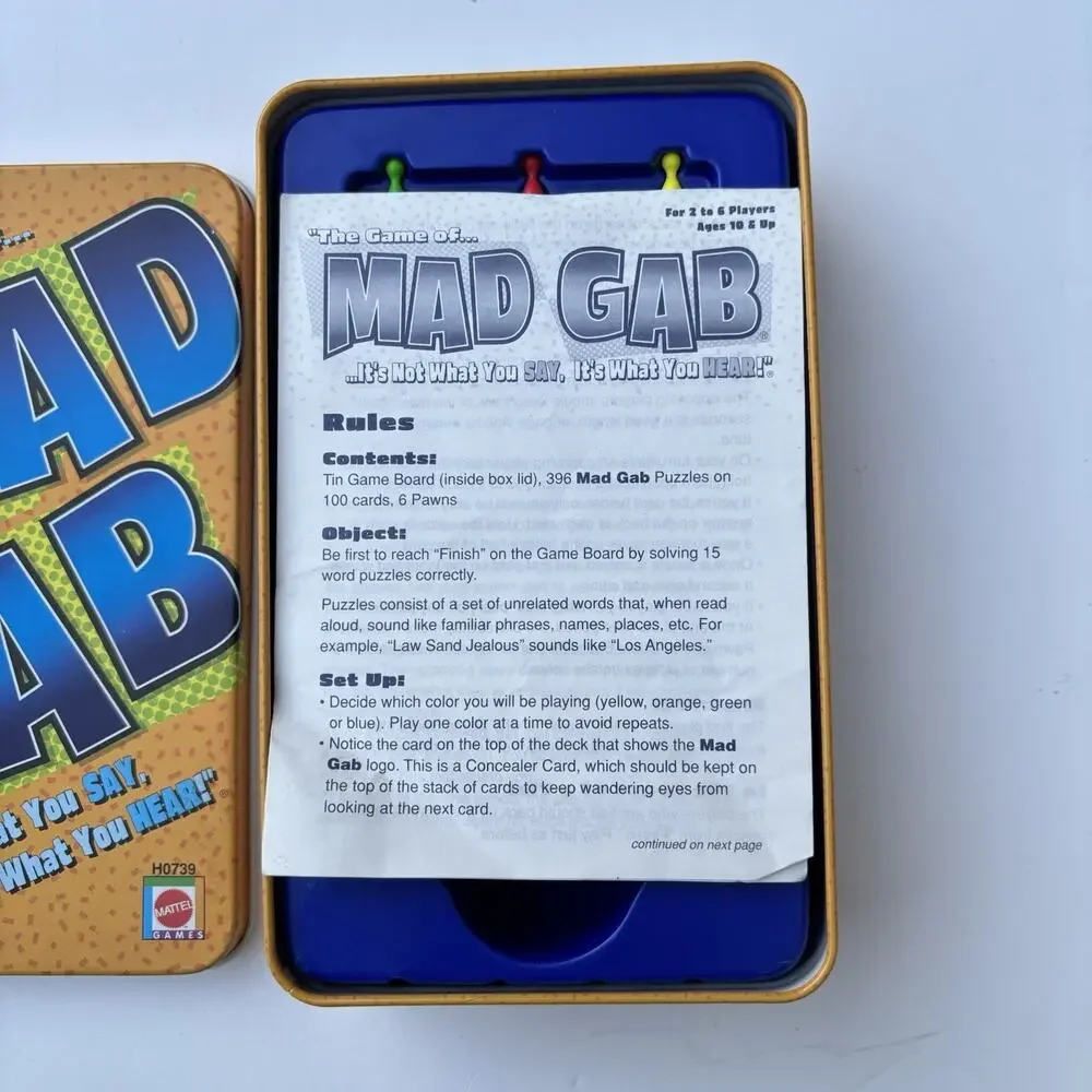 Mad Gab Game Tin COMPLETE Mattel 2004 Travel Party Game Words Humor